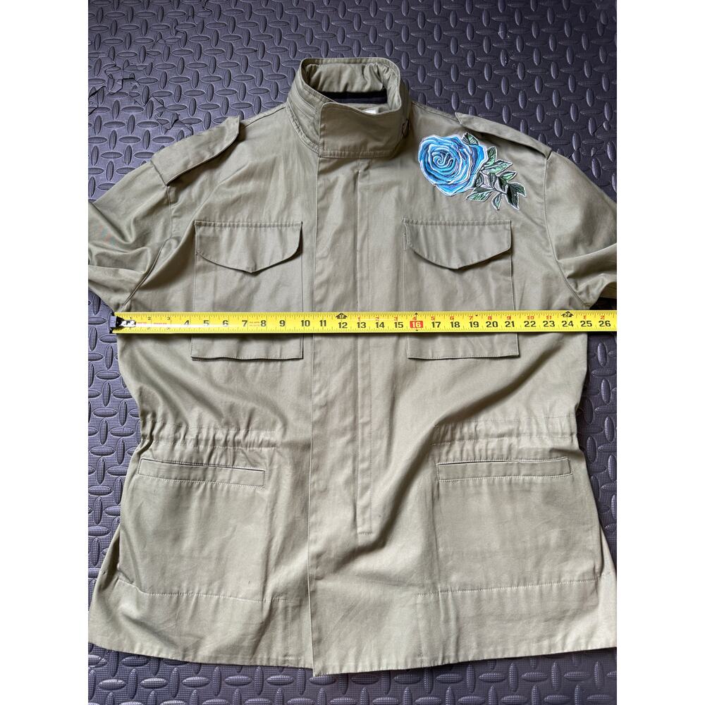 Military Style Statement Coat Embroidered Floral Utility Jacket Olive Green - Picture 8 of 10